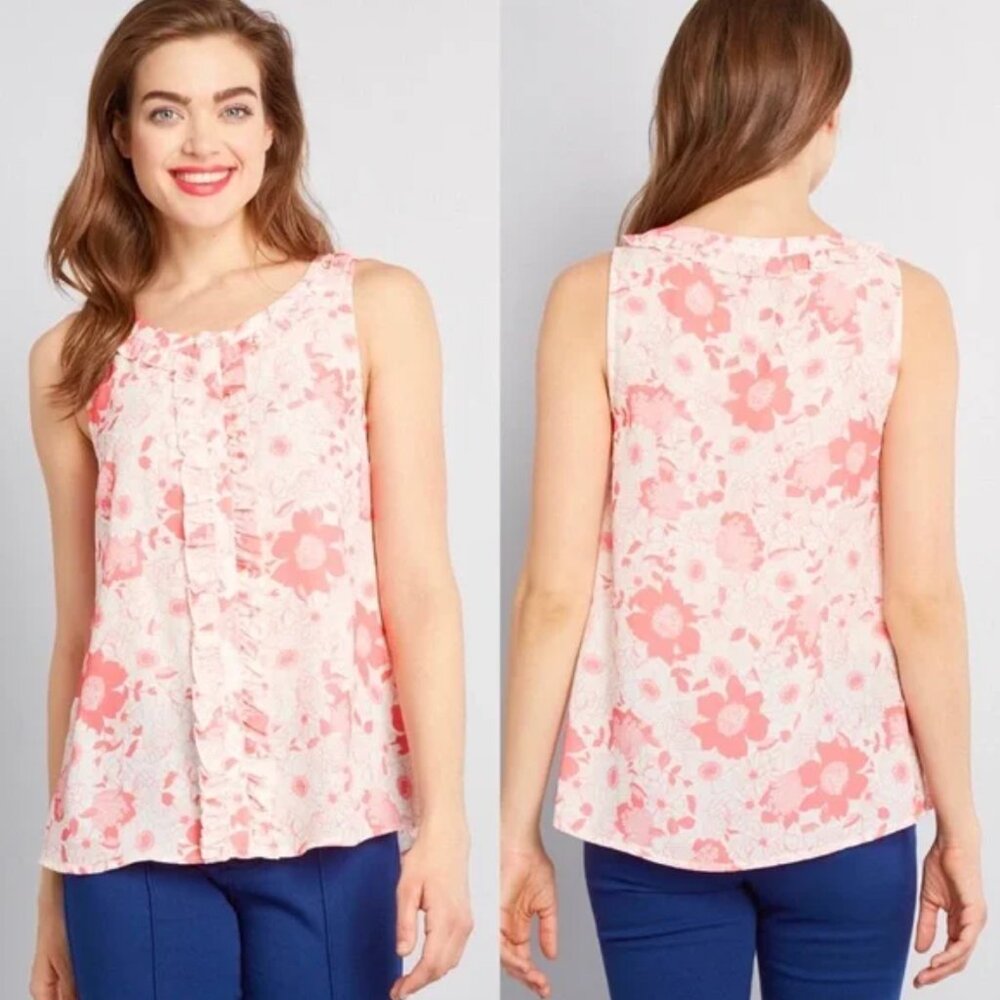 ModCloth Small S Cream‎ Pink Floral Ruffle Bit Of Frill Sleeveless Top Blouse